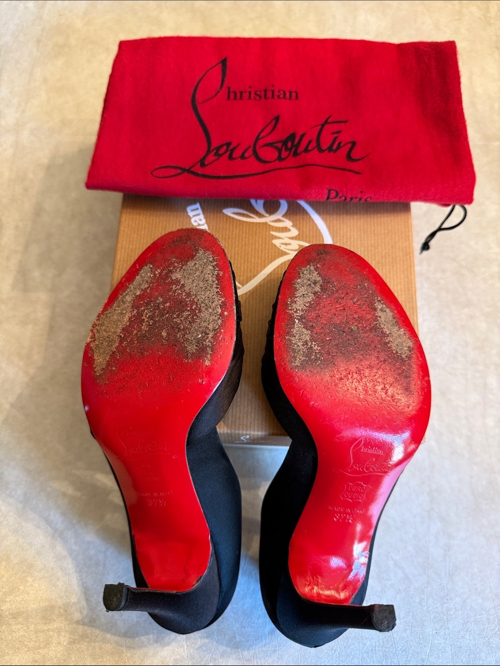 Christian Louboutin Black Satin Peep-Toe Pumps with Ruched Vamp - Picture 7 of 7